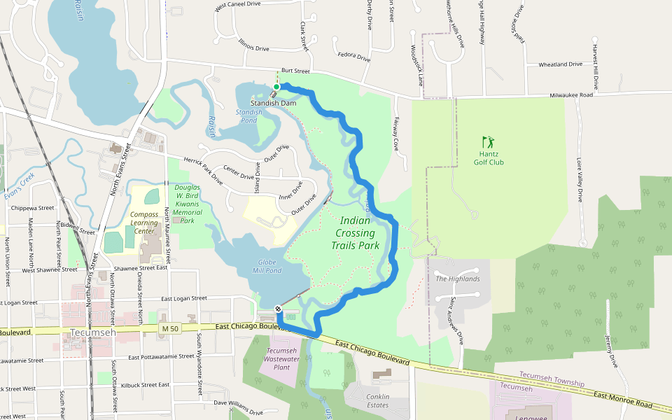 North Trail walking route map in Tecumseh