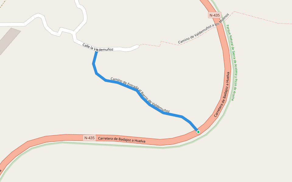 Camino de Entrada al Barrio de Valdemuñoz walking route map in Almonaster la Real