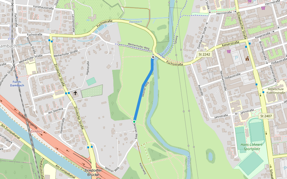 Vestner Weg walking route map in Fürth