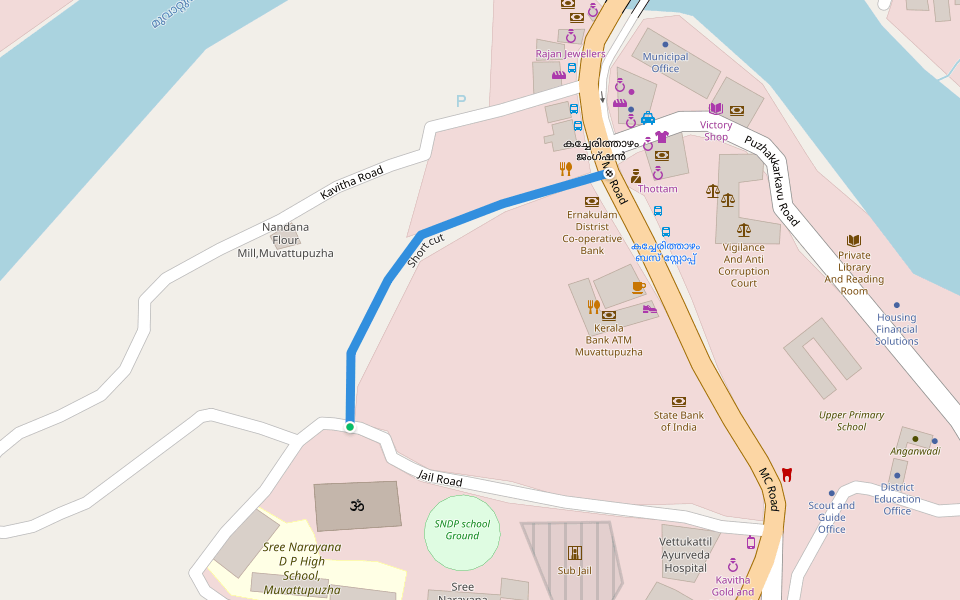 Short cut walking route map in Muvattupuzha