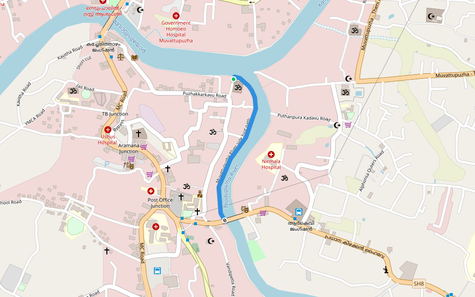 Muvattupuzha RIver side foot path walking route map in Muvattupuzha