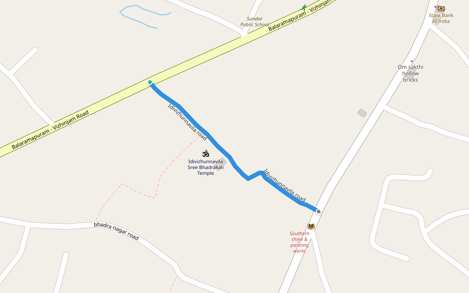 Idivizhunnavila road walking route map in Kovalam