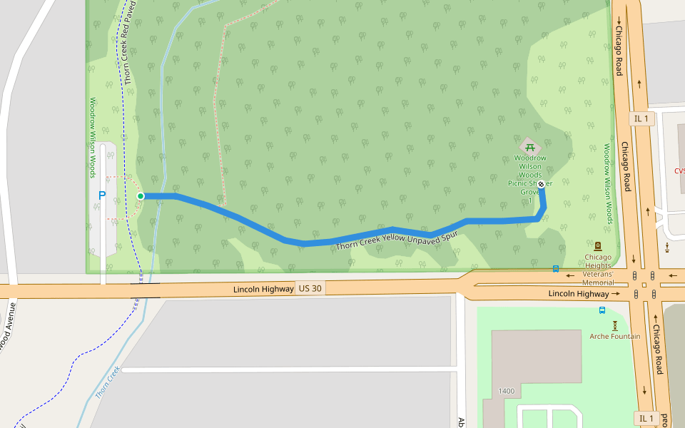 Thorn Creek Yellow Unpaved Spur walking route map in Chicago Heights