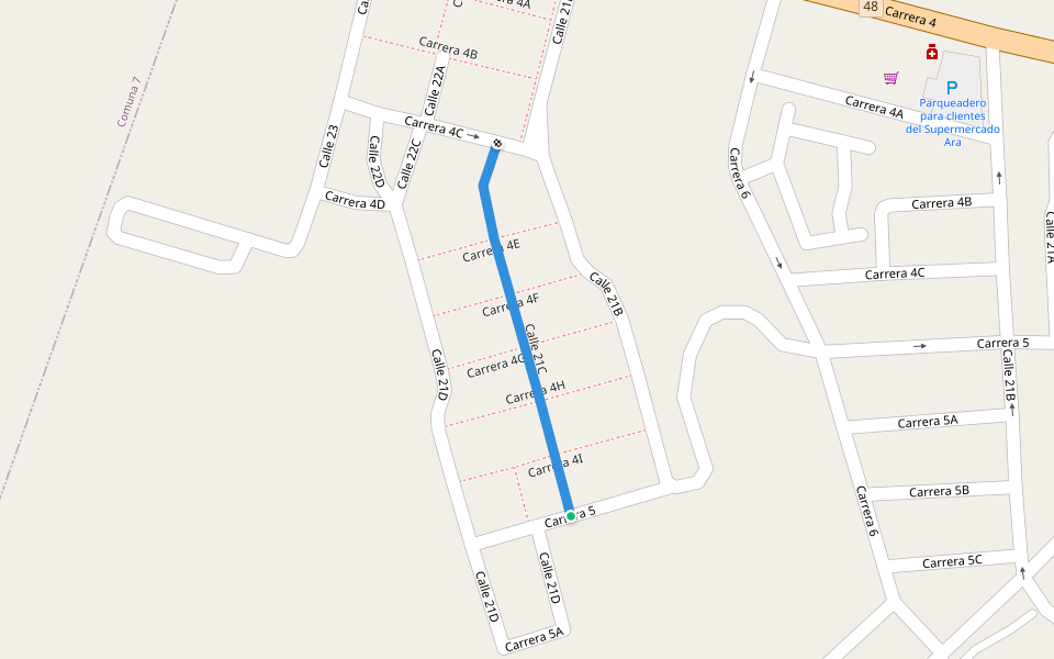 Calle 21C walking route map in Cartago