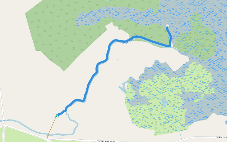 Foot track along Harts Creek to bird watching hide walking route map in Leeston