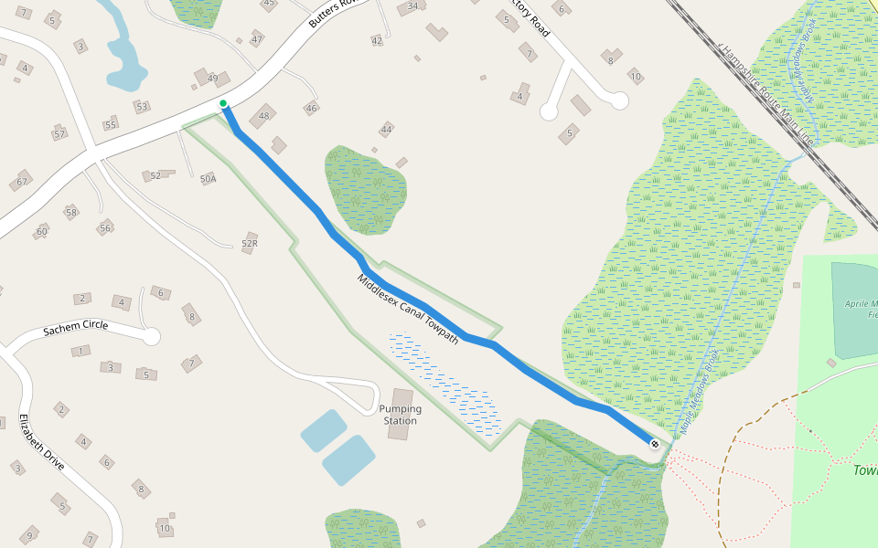 Middlesex Canal Towpath walking route map in Wilmington