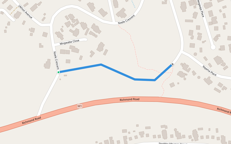 Mpanza Road walking route map in Pinetown
