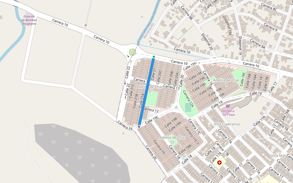 Calle 21A walking route map in Barranquilla