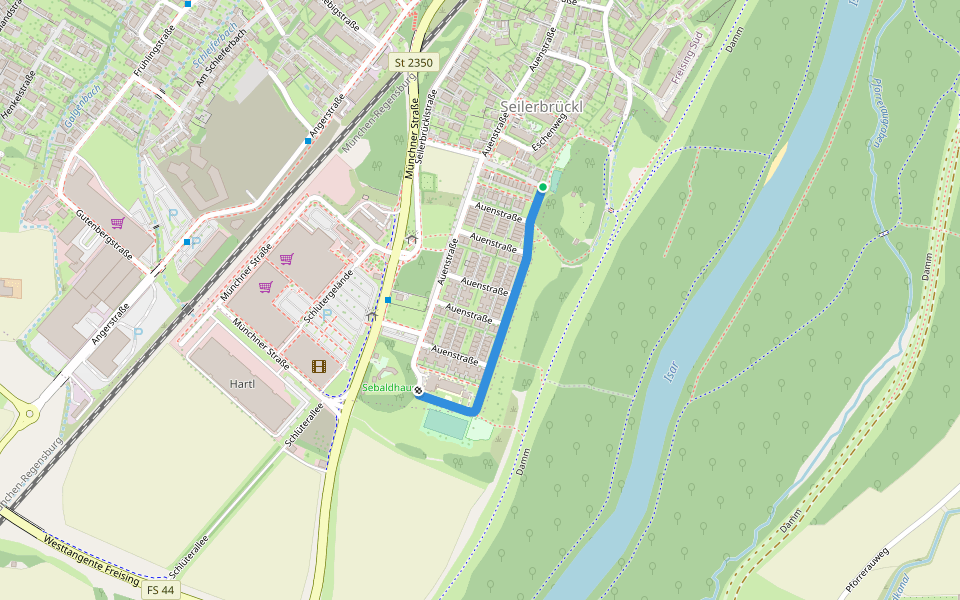 Auenstraße walking route map in Freising