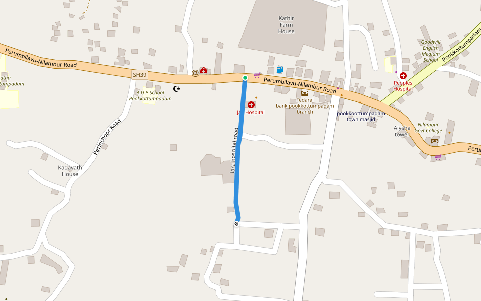lara hospital road walking route map in Pookkottumpadam