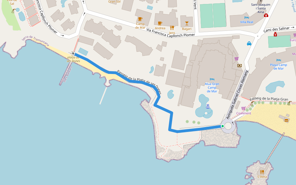 Passeig de la Platja de ses Dones walking route map in Camp de Mar