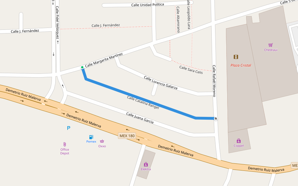 Catalina Rangel walking route map in Túxpam de Rodríguez Cano