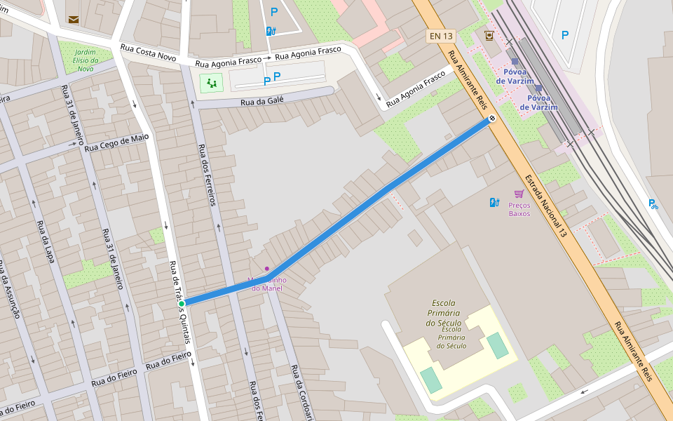 Rua dos Favais walking route map in Póvoa de Varzim