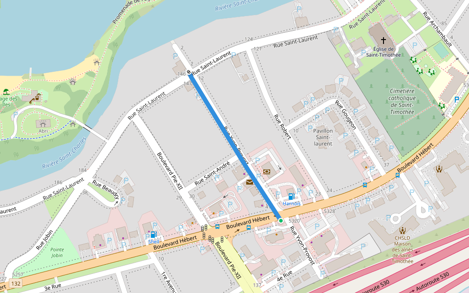 Rue Yvon-Provost walking route map in Salaberry-de-Valleyfield