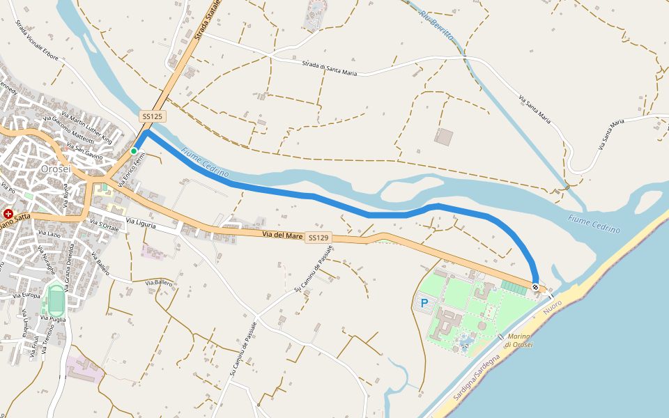 Argine destro del Cedrino walking route map in Orosei