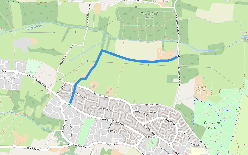 Gammon's Lane walking route map in Cheshunt