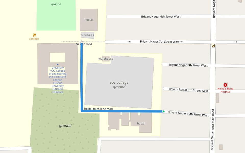 hostal to college road walking route map in Thoothukudi