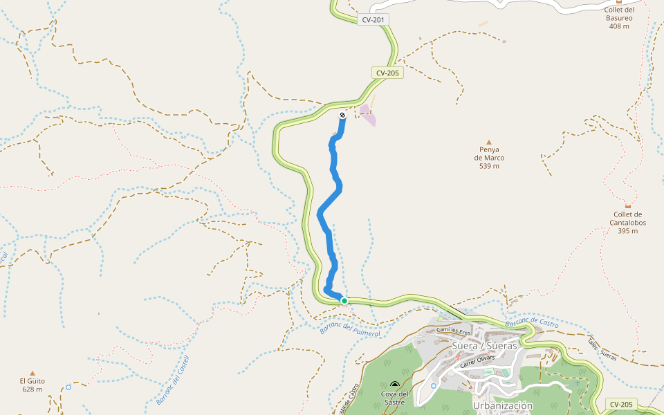 Camí d'Ayódar walking route map in Sueras