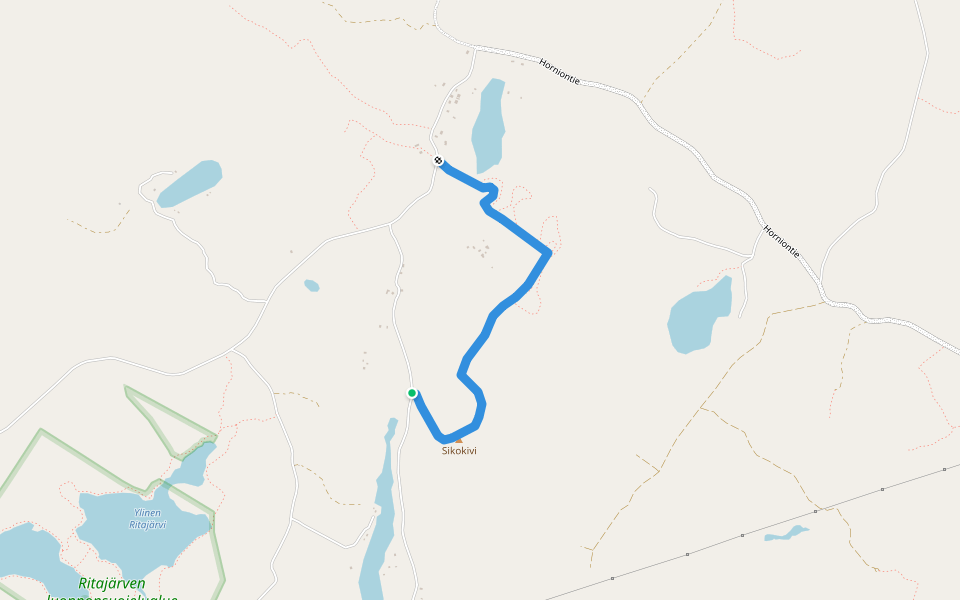 Polku Ritajärveltä Hornion ulkoilumajalle walking route map in Hornio