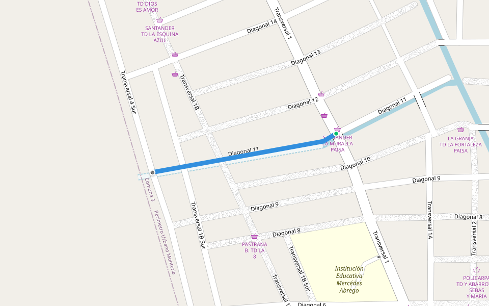 Diagonal 11 walking route map in Montería