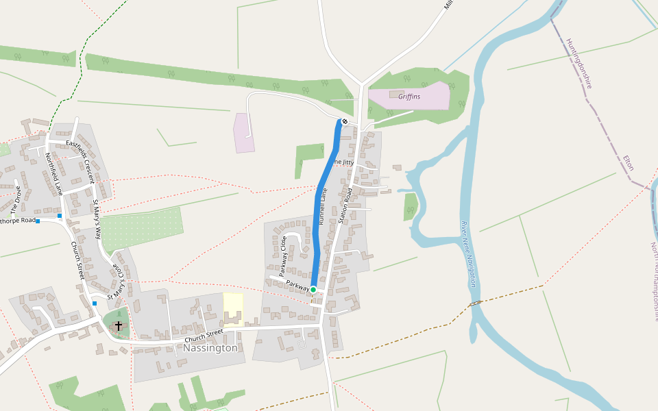 Runnell Lane walking route map in Nassington
