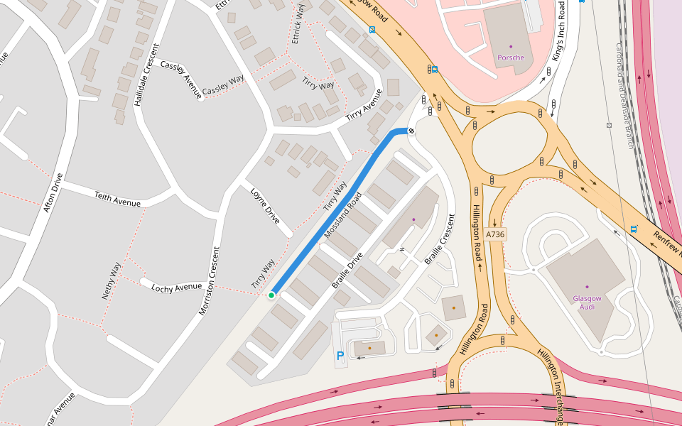 Mossland Road walking route map in Renfrew