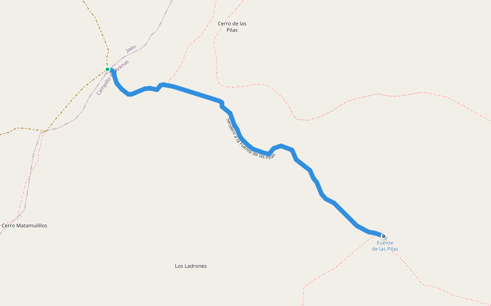 Sendero a la Fuente de las Pilas walking route map in Jaén