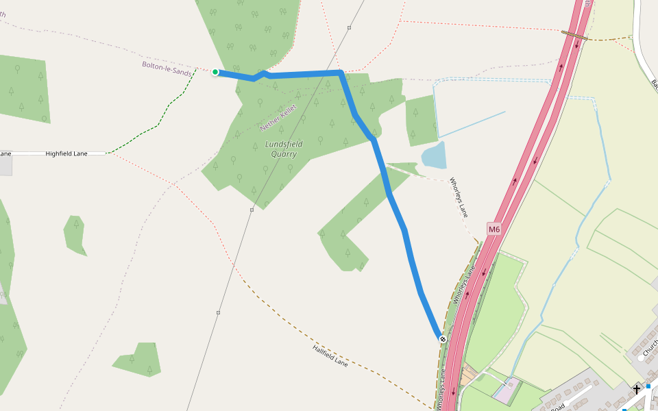 Whorleys Lane to Lundsfield Quarry walking route map in Bolton-le-Sands