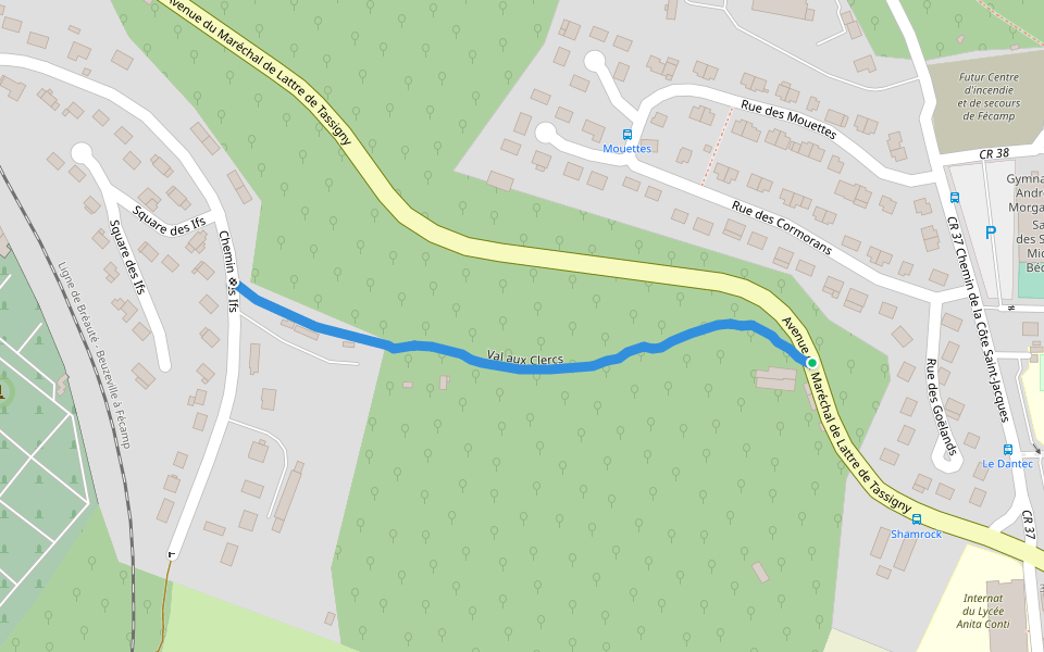 Val aux Clercs walking route map in Fécamp