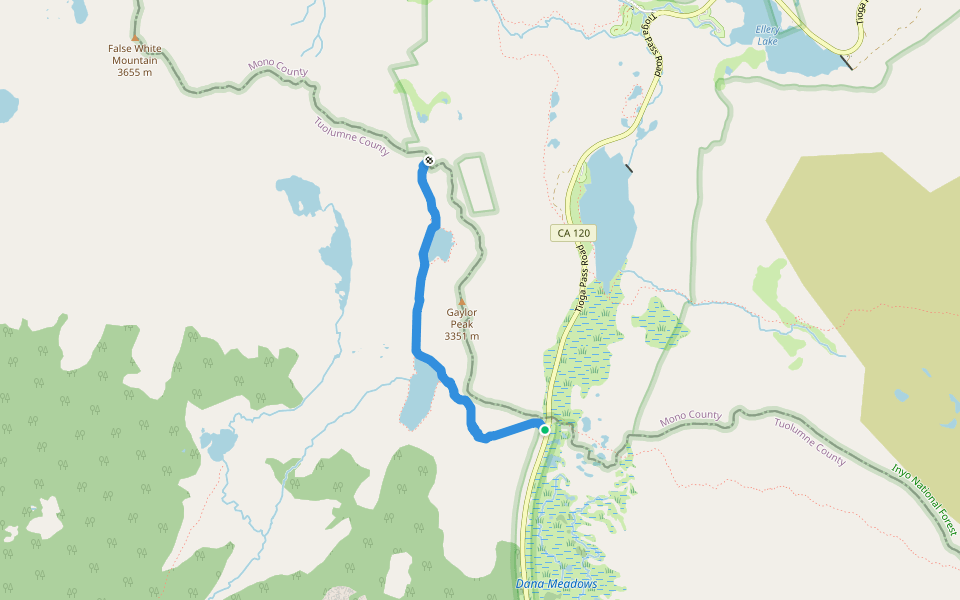 Gaylor Lakes Trail walking route map in Lee Vining