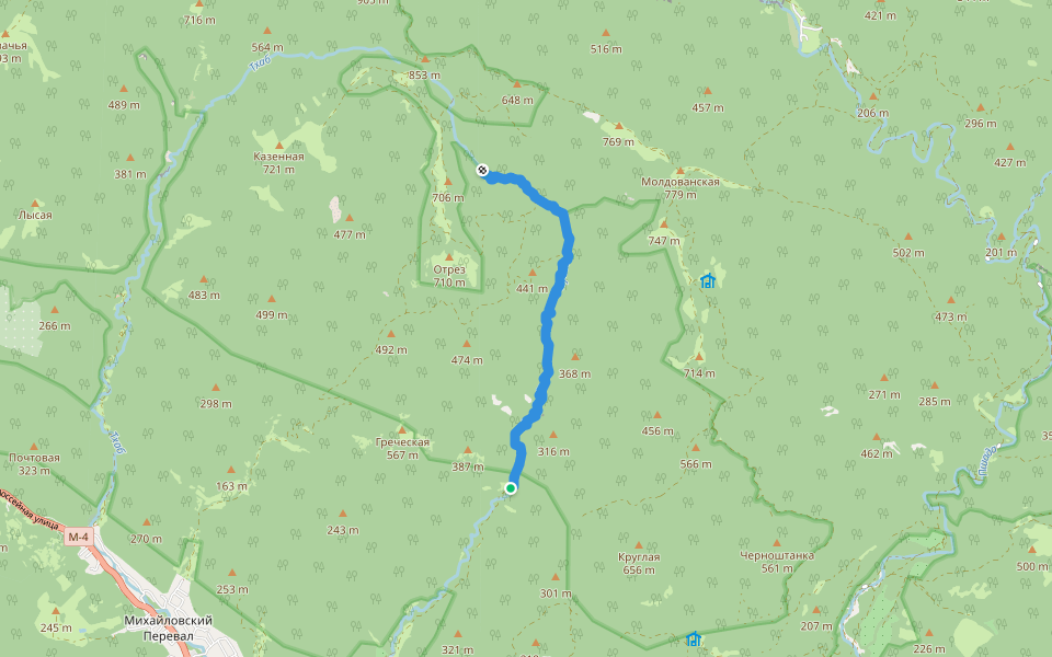 Тропа по руслу Коаго walking route map in Mikhailovskii Pereval