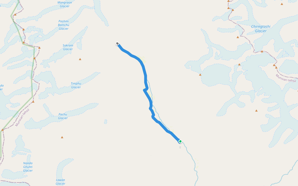 Martoli to Milam Glacier walking route map in Munsyari