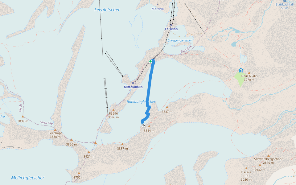 Zustieg Hohlaubgrat walking route map in Saas-Almagell