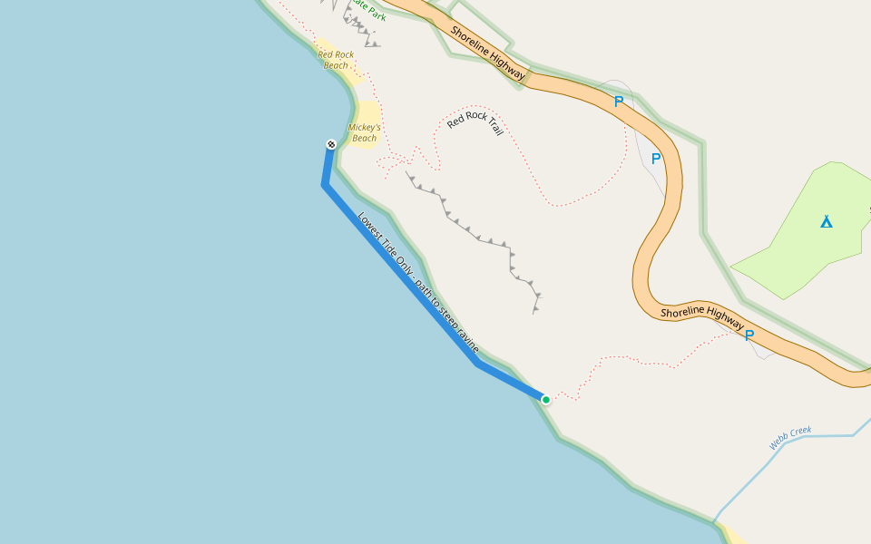 Lowest Tide Only - path to steep ravine walking route map in Stinson Beach