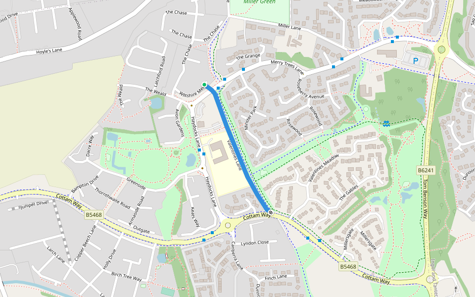 Valentines Lane walking route map in Cottam