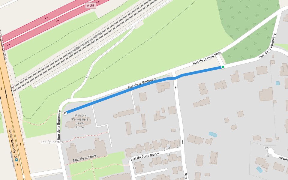 Rue de la Bodinière walking route map in Veigné