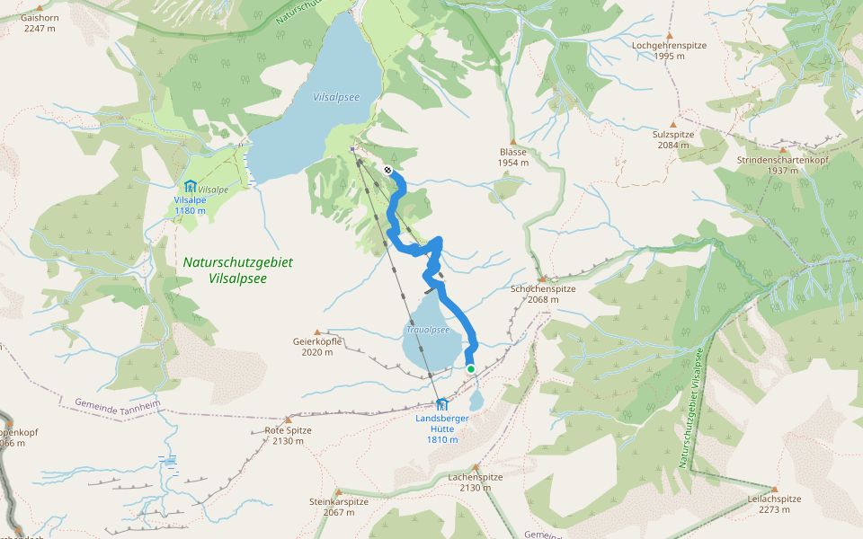 Weg von Landsberger Hütte zum Vilsalpsee walking route map in Vorderhornbach