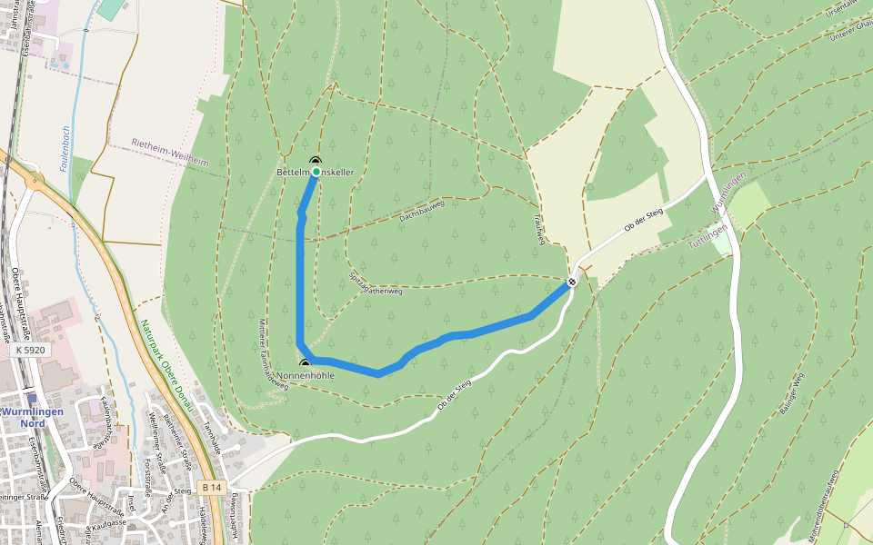 Oberer Tannhaldeweg walking route map in Rietheim-Weilheim
