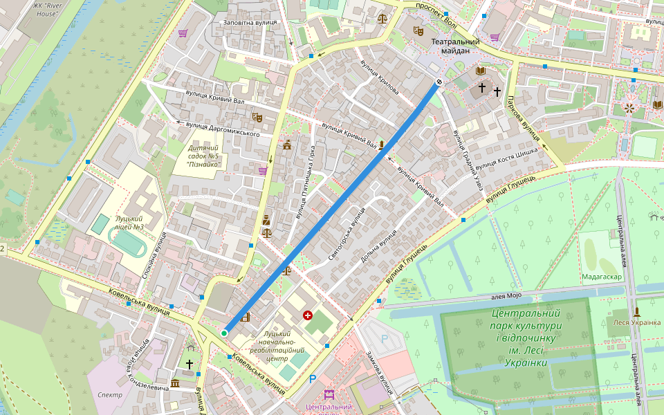 Лесі Українки вулиця walking route map in Rozhysche