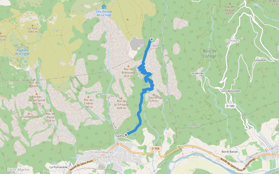 Chemin des Fleysses walking route map in Rosis