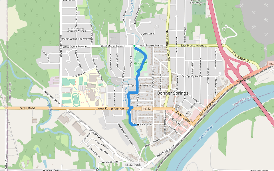 Lions Park to South Park Trail walking route map in Bonner Springs
