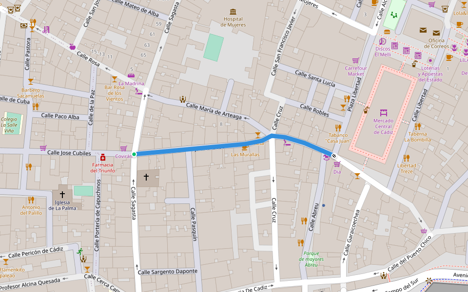 Callejón Cardoso walking route map in Cádiz