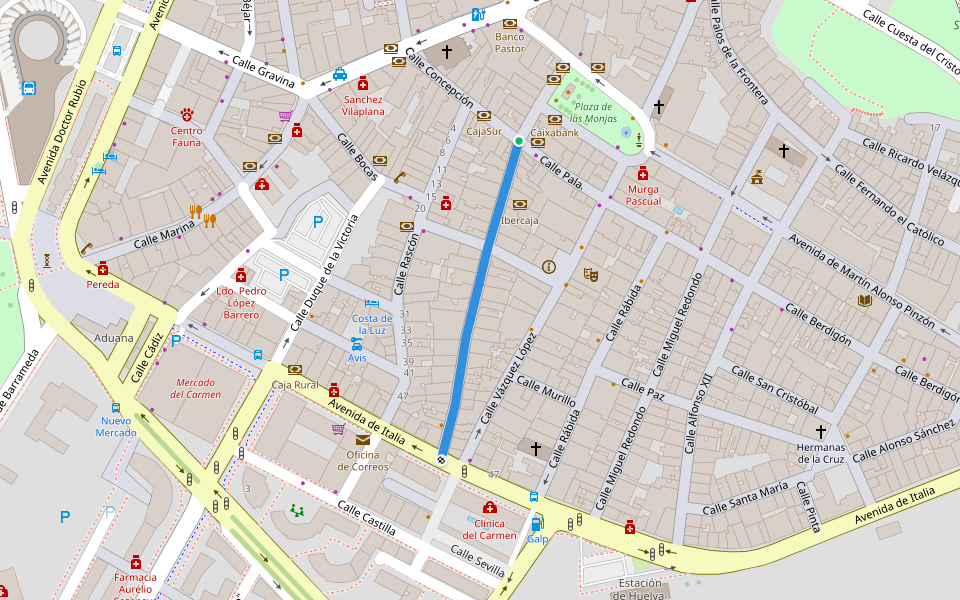 Calle Rico walking route map in Huelva