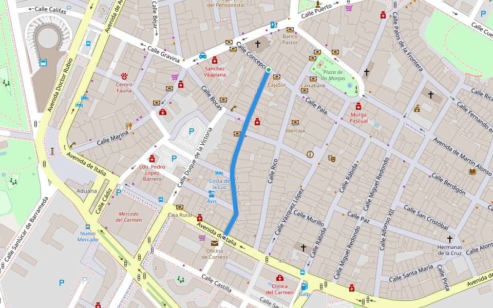 Calle Rascón walking route map in Huelva