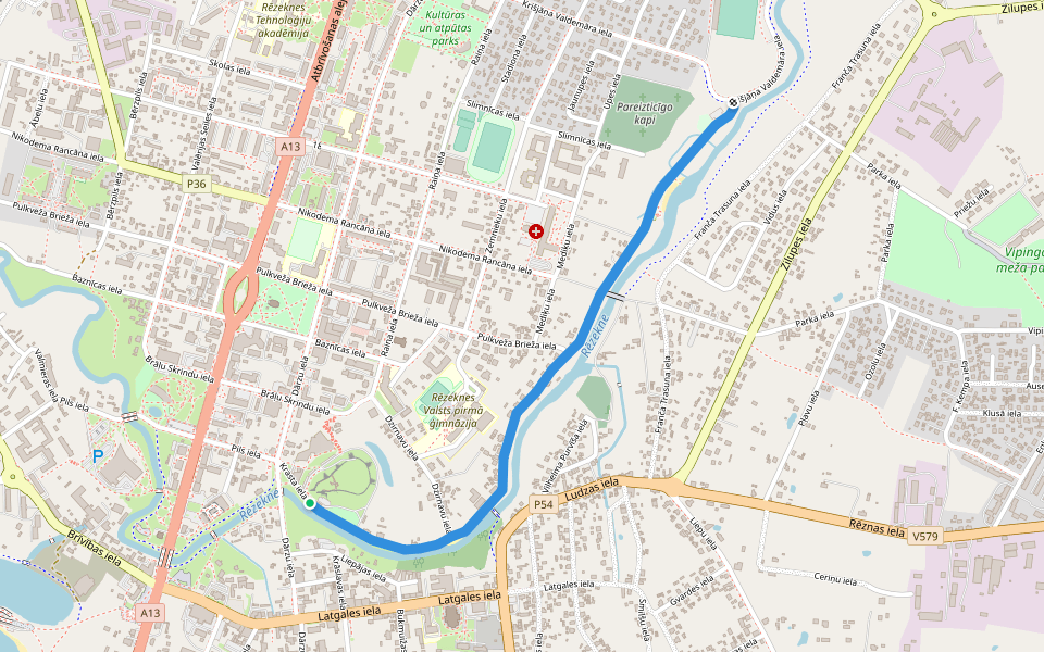 Krasta iela walking route map in Rēzekne