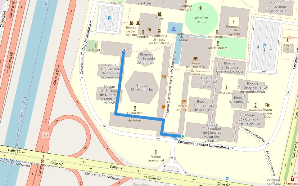 Pasillo peatonal comunica Bloques 9,14,13,12 walking route map in Medellín