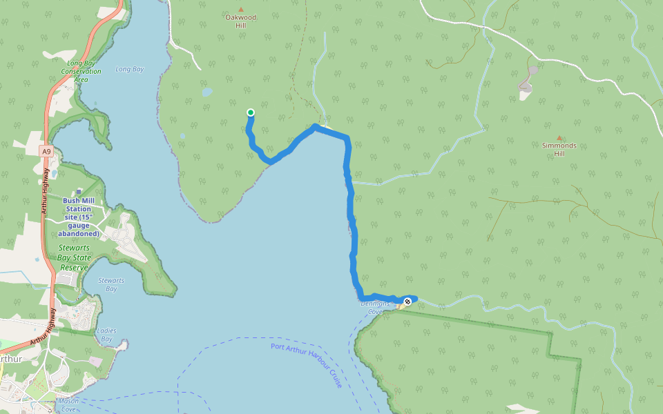 Denmans Cove Track walking route map in Port Arthur