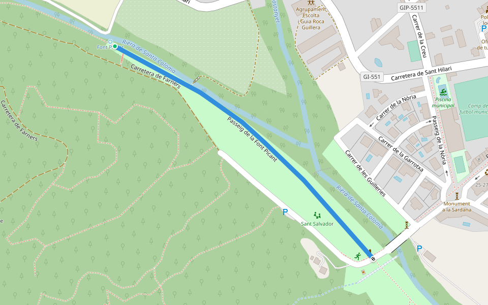 Passeig de la Font Picant walking route map in Santa Coloma de Farners