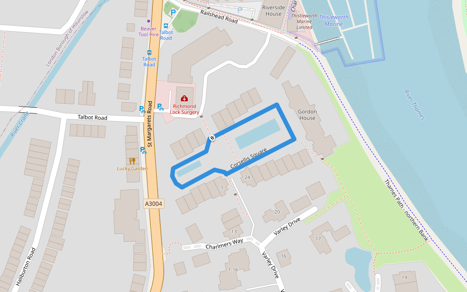 Corsellis Square walking route map in Isleworth