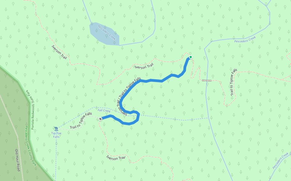 Iverson Trail / Trail to Tiptoe Falls walking route map in La Honda